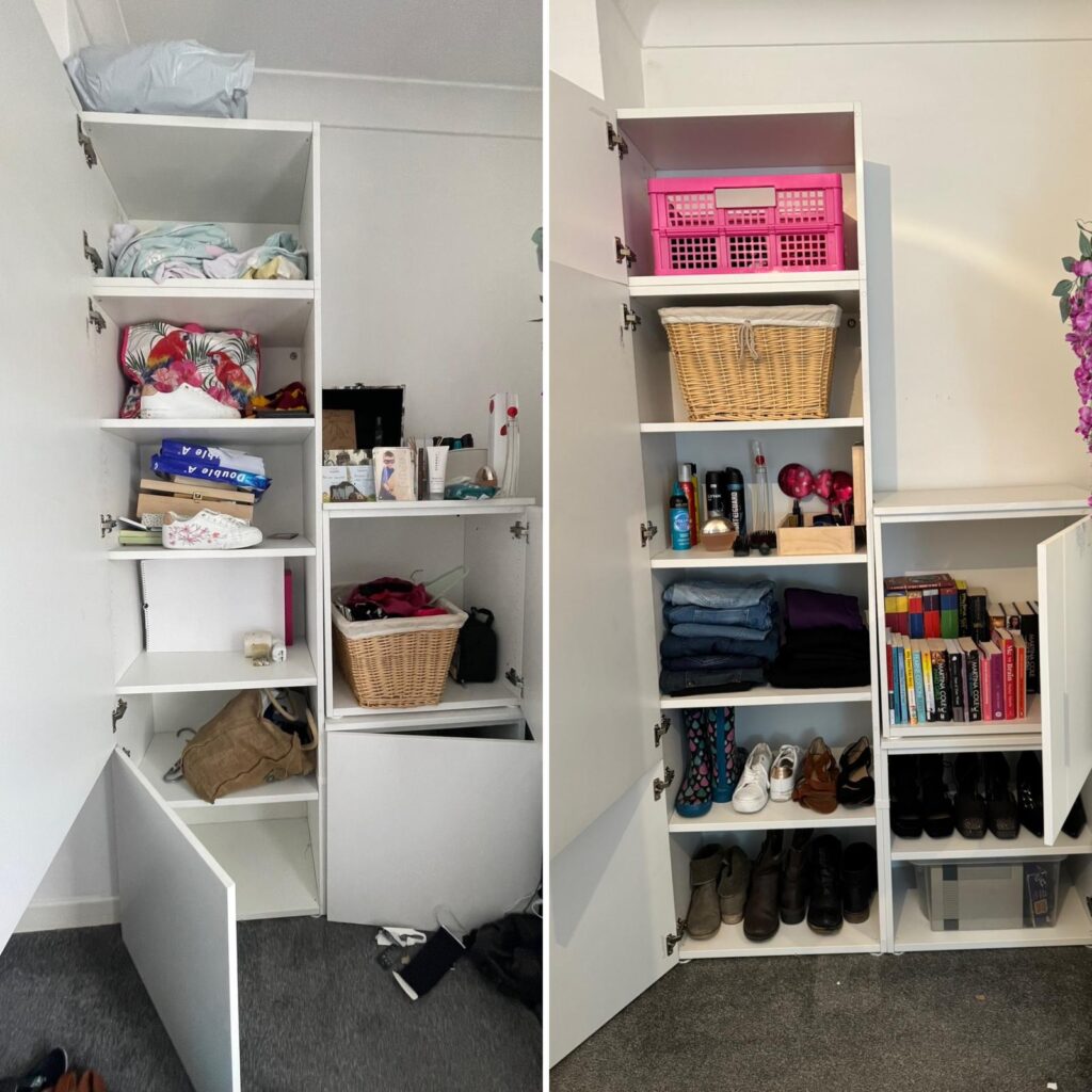 Dottie's story. How The Peak Edit helped to declutter. A side by side image shows the before and after of cupboards.